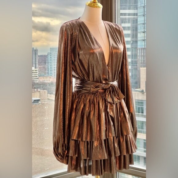 🆕 BRONX & BANCO 🧿 NWOT Bellerose Ruffled Mini Dress, Metallic - Sz M / US 6 - Picture 5 of 15